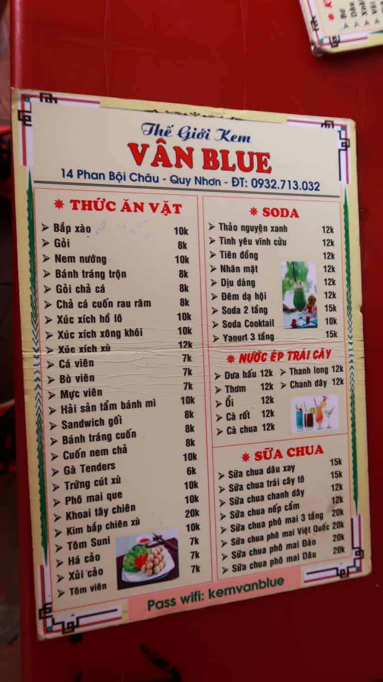 menu kem van blue