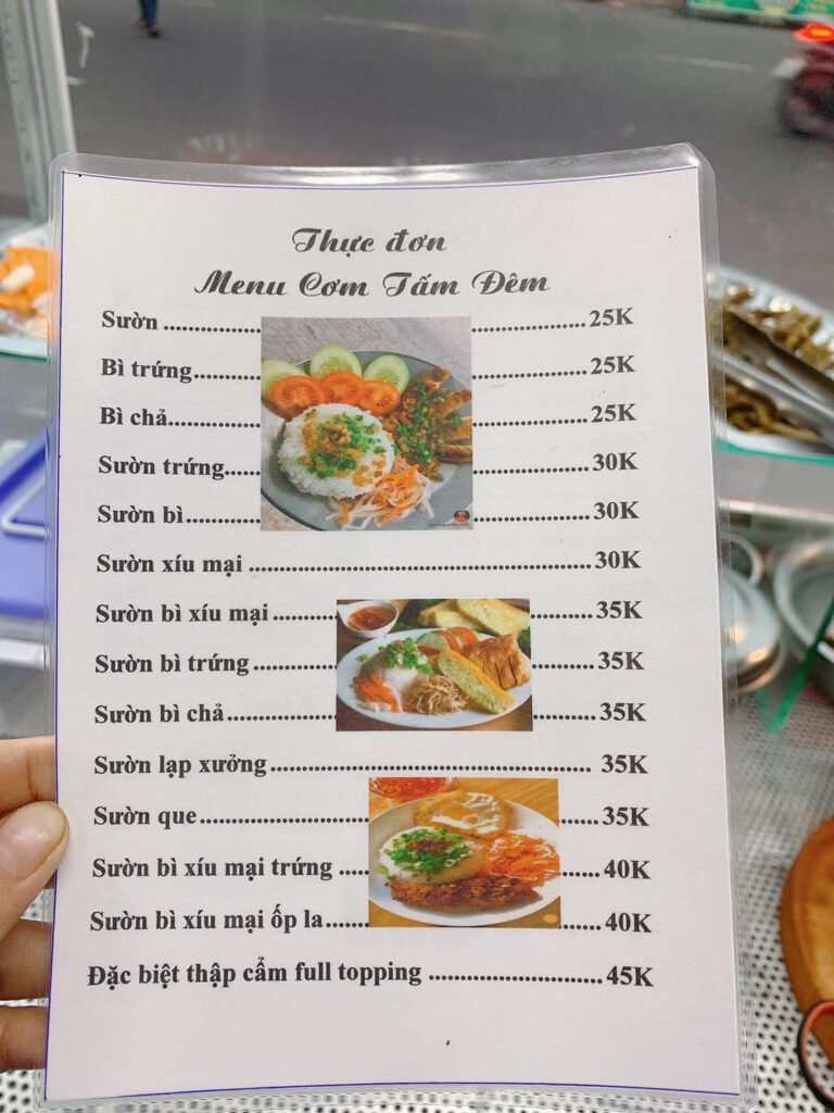 Menu quán cơm tấm đêm Quy Nhơn (ảnh sưu tầm)