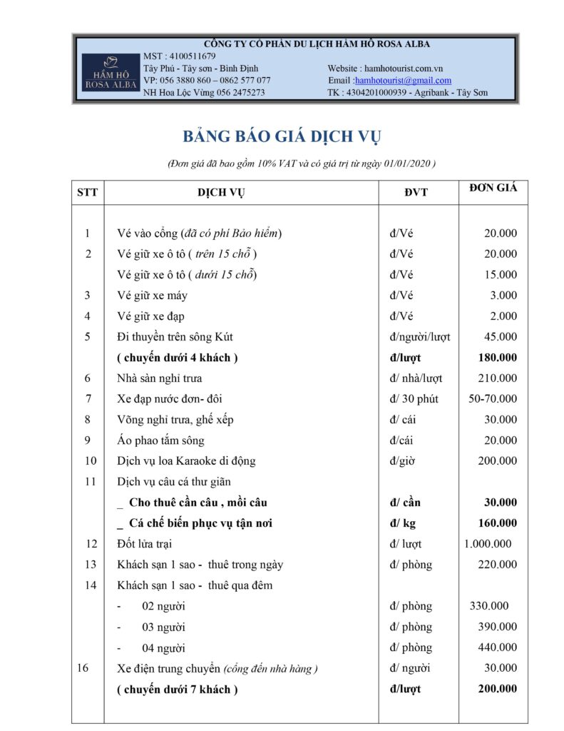 Bảng giá các dịch vụ ở Hầm Hô